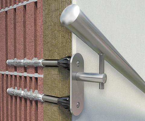 Handlaufhalter an gedämmter Fassade