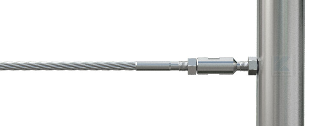 Edelstahlseil Konfiguration - für Rundrohr in Gewindebohrung - Seilende mit Aussengewinde M8x30 mm und Seispanner mit Innengewinde li + Außengewinde re - rechte Seite