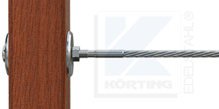 Edelstahlseil Spannsystem Typ 3 - Hülsenmutter mit Innengewinde M8 rechts, mit Gewindeterminal mit M8x30 mm bzw. M8x60 mm Rechtsgewinde, an Holzbalken oder Holzpfosten bis 100 mm Breite
