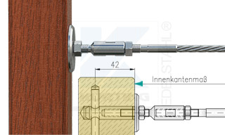 Edelstahlseil Spannsystem: Holzbalken mit Gewindeterminal M8x30mm - Typ H02 - mit Seilspanner