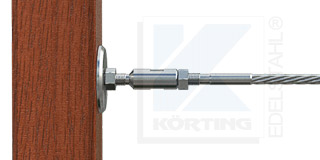 Edelstahlseil Spannsystem Typ 2 - Seilspanner mit Außengewinde M8 rechts und Innengewinde M8 links, mit Gewindeterminal mit M8x30 mm Linksgewinde an Holzbalken oder Holzpfosten mit einem Edelstahl-Gewindeanker