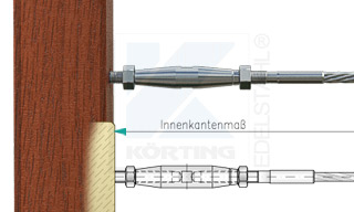 Edelstahlseil Spannsystem: Holzbalken mit Gewindeterminal M8x30mm - Typ H04 - mit Seilspanner