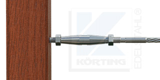 Edelstahlseil Spannsystem Typ 4 - z. B. an Außengewinde einer Stockschraube mit Seilspanner mit Innengewinde M8 rechts und links, mit Gewindeterminal mit M8x30 mm Linksgewinde, an Holzbalken oder Holzpfosten