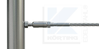 Edelstahlseil Spannsystem Typ 2 - Seilspanner mit Außengewinde M8 rechts und Innengewinde M8 links mit Gewindeterminal mit M8x30 mm Linksgewinde an Rundrohr 42,4 mm