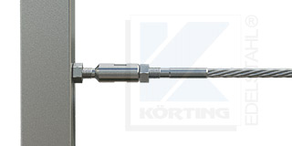 Edelstahlseil Spannsystem Typ 2 - Seilspanner mit Außengewinde M8 rechts und Innengewinde M8 links mit Gewindeterminal mit M8x30 mm Linksgewinde an Viekantrohr