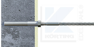 Edelstahlseil Spannsystem Typ 1 - mit Montagemörtel verklebter Edelstahl - Gewindeanker mit Innengewinde M8 mit Gewindeterminal mit M8x30 mm Rechtsgewinde, an Hauswand, Granitsäule oder ähnlichem