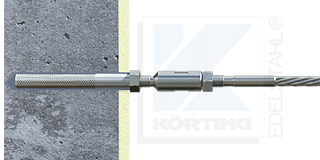Edelstahlseil Spannsystem Typ 2 - mit Montagemörtel verklebter Edelstahl - Gewindeanker mit Innengewinde M8, Seilspanner mit Außengewinde M8 rechts und Innengewinde M8 links, mit Gewindeterminal mit M8x30 mm Linksgewinde an Hauswand, Granitsäule oder ähnlichem