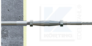Edelstahlseil Spannsystem Typ 4 - z. B. an Außengewinde einer Stockschraube mit Seilspanner mit Innengewinde M8 rechts und links, mit Gewindeterminal mit M8x30 mm Linksgewinde, an Hauswand, Granitsäule oder ähnlichem