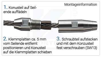 Seilklemme für Edelstahlseil 6 mm mit Innengewinde M8 rechts - Montageinformationen