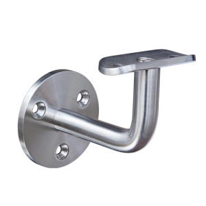 Handlaufhalter für Handlauf aus Edelstahl, Ronde mit 3 Löchern, Handlaufträger gebogen mit Anschraubplatte, ohne Abdeckrosette - Produktansicht Handlaufhalter für Handlauf aus Edelstahl, Ronde mit 3 Löchern, Handlaufträger gebogen mit Anschraubplatte, ohne Abdeckrosette - Produktansicht