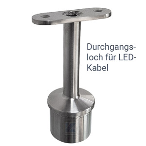 Handlaufstütze aus Edelstahl-Guss, zum Einkleben mit starrer flacher Anschraubplatte mit Loch für LED-Kabel