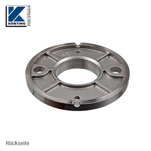 Rückseite der Edelstahl Ronde 100x8 mm aus Guss mit Versteifungsrippen und Bund zum rückseitigem Verschweißen von Edelstahlrohr 42,4 mm