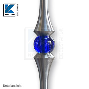 Detailansicht: Edelstahl Zierstab mit zwei blauen Glaskugeln ø30 mm Detailansicht: Edelstahl Zierstab mit zwei blauen Glaskugeln ø30 mm