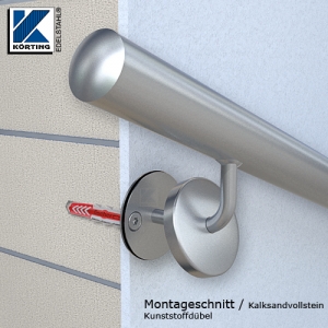 Handlaufhalter für Handlauf aus Edelstahl, Handlaufträger gebogen zum Anschweißen des Handlaufes, Ronde mit Gummiring und Abdeckrosette - Montagschnitt Wand aus Kalksandvollstein Handlaufhalter für Handlauf aus Edelstahl, Handlaufträger gebogen zum Anschweißen des Handlaufes, Ronde mit Gummiring und Abdeckrosette - Montagschnitt Wand aus Kalksandvollstein