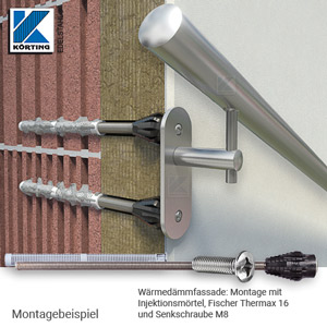 Handlaufhalter für Handlauf aus Edelstahl, mit langer Wandplatte - Montagemöglichkeit an Wärmedämmfassade mit Thermax16-M8