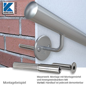 Handlaufhalter gebogen, zum Anschschweißen, Ronde mit Fase und überdrehter Oberfläche am gebogenen Handlaufträger verschraubt - Montagemöglichkeit an Mauerwerk Handlaufhalter gebogen, zum Anschschweißen, Ronde mit Fase und überdrehter Oberfläche am gebogenen Handlaufträger verschraubt - Montagemöglichkeit an Mauerwerk
