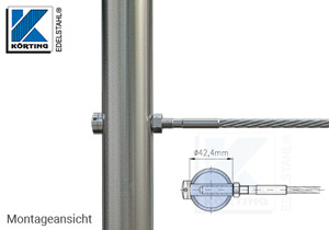 Montageansicht Edelstahl Hülsenmutter in Verbindung mit Radienscheibe an Rohr 42,4 mm