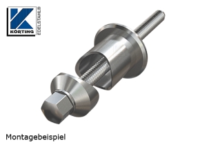 Montagereihenfolge Pfostenhalter - Distanzstück - Edelstahlronde - Gewindebolzen M10 - flache Hutmutter M10 - Unterlegscheibe M10