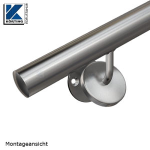 Handlaufhalter für Handlauf aus Edelstahl, Handlaufträger gebogen zum Anschweißen des Handlaufes, Ronde mit Gummiring und Abdeckrosette mit Handlaufträger verschweißt - Montagedetail Handlaufhalter für Handlauf aus Edelstahl, Handlaufträger gebogen zum Anschweißen des Handlaufes, Ronde mit Gummiring und Abdeckrosette mit Handlaufträger verschweißt - Montagedetail