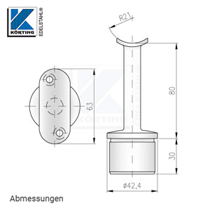 Abmessungen - Handlaufstütze mit Anschraubplatte aus Guss zum Einkleben in Edelstahlrohr 42,4x2,0 mm