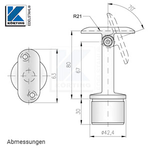 Abmessungen - Handlaufstütze mit Gelenk und Anschraubplatte aus Guss zum Einkleben in Edelstahlrohr 42,4x2,0 mm