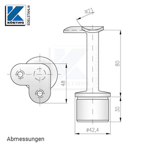 Abmessungen - Handlaufstütze mit 90°-Anschraubplatte aus Guss zum Einkleben in Edelstahlrohr 42,4x2,0 mm