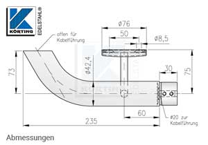Handlaufhalter-Endbogen links für LED-Kabeldurchführung und Nutrohr - Abmessungen Handlaufhalter-Endbogen links für LED-Kabeldurchführung und Nutrohr - Abmessungen