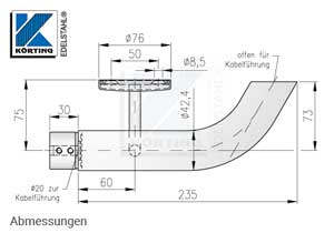 Handlaufhalter-Endstück rechts für LED-Kabeldurchführung und Nutrohr - Abmessungen Handlaufhalter-Endstück rechts für LED-Kabeldurchführung und Nutrohr - Abmessungen