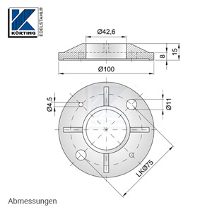 Abmessungen Edelstahl Ronde 100x8 mm aus Guss mit Versteifungsrippen und Bund zum rückseitigem Verschweißen von Edelstahlrohr 42,4 mm