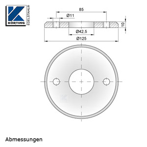 Abmessungen Edelstahl Ronde 125x10 mm mit 45° - Fase, zum rückseitigen Verschweißen von Rohr 42,4 mm mit 3 Langlöchern zur einfachen Montage mit Gewindestangen M10