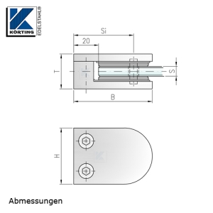 Glasklemmhalter aus Edelstahl, halbrund 45x63x28 mm  gerader Anschluss - Abmessungen