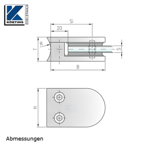 Glasklemmhalter aus Edelstahl, halbrund 45x63x28 mm  für Rundrohr-Anschluss - Abmessungen