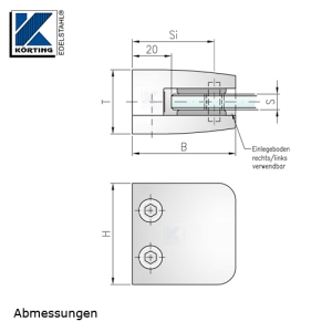 Glasklemmhalter aus Edelstahl, viereckig 53x53 mm, gerader Anschluss - Abmessungen