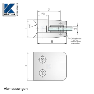 Glasklemmhalter aus Edelstahl, viereckig 53x53 mm, Rundrohr- Anschluss - Abmessungen