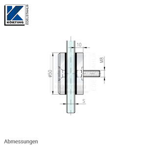Glaspunkthalter ø50 mm mit Senkschraube M8 zum Anschrauben an eine Fläche - Abmessungen