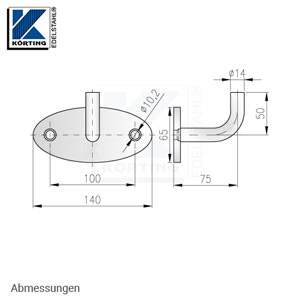 Handlaufhalter mit ovaler großer Wandplatte und verschweißtem 90° gebogenen Handlaufträger - Abmessungen