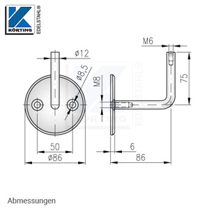 Handlaufhalter für Handlauf aus Edelstahl, Handlaufträger gebogen zum Anschweißen des Handlaufes, Ronde gedreht mit Fase - Abmessungen Handlaufhalter für Handlauf aus Edelstahl, Handlaufträger gebogen zum Anschweißen des Handlaufes, Ronde gedreht mit Fase - Abmessungen