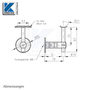 Handlaufhalter aus Edelstahl, gerade, mit Handlaufträger 14 mm und Anschraubplatte - Abmessungen