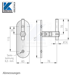 Handlaufhalter aus Edelstahl, gerade ø25 - Oberteil mit Bohrung für Handlaufaufträger ø14, langes massives Innenteil ø18 mit Arretierungsrillen und Schlüsselweite 13, Wandplatte 175x60x6 mm mit Bohrungen ø 6,5 für Holzsenkschrauben