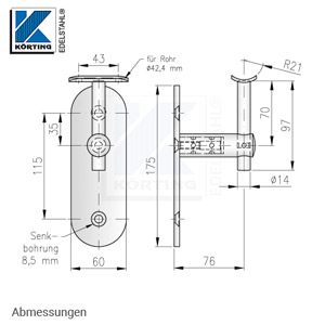 Handlaufhalter, gerade ø25 - Oberteil mit Bohrung ø14, langes massives Innenteil ø18 mit Arretierungsrillen und Schlüsselweite 13, Wandplatte 175x60x6 mm mit Senkbohr. ø8,5, Handlaufaufträger ø14 - 97 mm lang, Anschraubplatte 64x24 mm