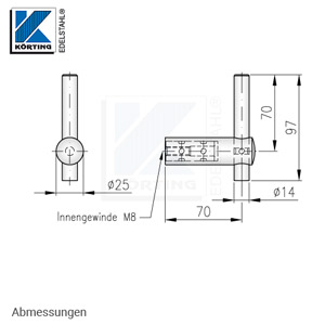 Handlaufhalter aus Edelstahl, gerade ø25 Oberteil mit Bohrung für Handlaufaufträger ø14, langes massives Innenteil mit Arretierungsrillen und Schlüsselweite 13