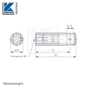 Halter aus Edelstahl, gerade ø25 - Oberteil mit Bohrung für Rundstahl ø14, langes massives Innenteil mit Arretierungsrillen und Schlüsselweite 13