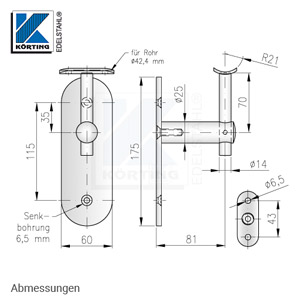 Abmessungen des Handlaufhalters mit langer Wandplatte, Handlaufträger mit Anschraubplatte