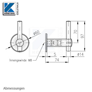 Handlaufhalter aus Edelstahl, gerade ø25 - Oberteil mit Bohrung für Handlaufaufträger ø14, langes massives Innenteil ø18 mit Arretierungsrillen und Schlüsselweite 13, Edelstahlronde ø60 mit Vertiefung ø25x1 mm