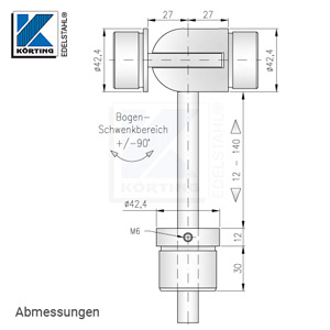 Handlaufstütze mit Gelenkbogen, höhenverstellbar - Abmessungen