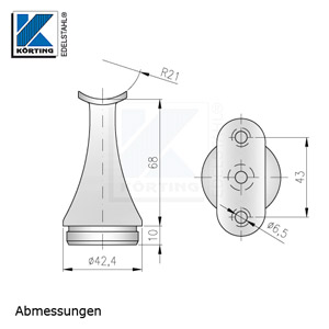 Handlaufstütze mit Anschraubplatte zum Einkleben in Edelstahlrohr 42,4x2,0 mm - Abmessungen