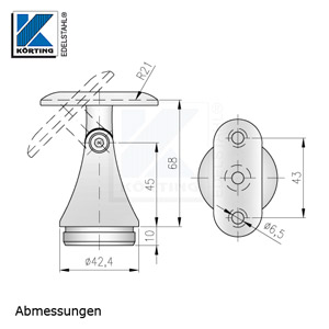 Handlaufstütze mit Gelenk und Anschraubplatte zum Einkleben - Abmessungen