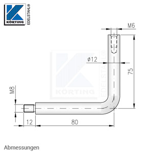 Handlaufträger 12 mm, 90° gebogen, mit Außengewinde M8 und Innengewinde M6 - Abmessungen