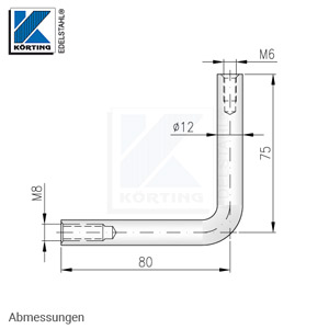 Handlaufträger 12 mm, 90° gebogen, mit Innengewinde M8 und Innengewinde M6 - Abmessungen