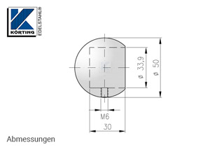 Abmessungen Rohrabschlusskugel mit Gewindestift M6 zum Aufstecken, für Edelstahlrohr 33,7x2,0 mm, Werkstoff 1.4301, Oberfläche fein gedreht